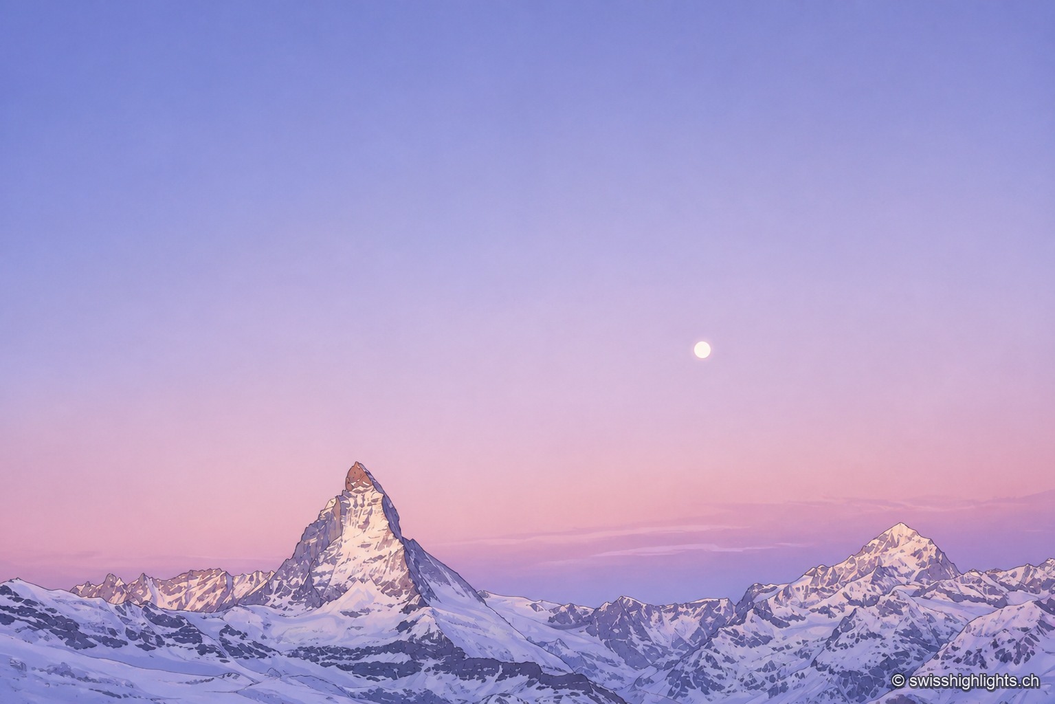 Au crépuscule, la pyramide du Cervin se détache en sombre sur un ciel dégradé du rose au mauve, la lune visible au-dessus de sa pointe ; des crêtes enneigées moins hautes l'entourent de part et d'autre sous la neige qui accroche les dernières lueurs du jour.