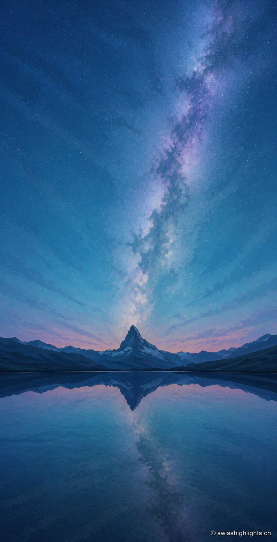 En pose de nuit, la voie lactée trace une bande claire à la verticale du Cervin, dont la silhouette sombre se reflète à l'identique dans le miroir immobile du Stellisee ; en bas du cadre, les lumières d'un village de montagne et le clocher pointu de son église percent l'obscurité.