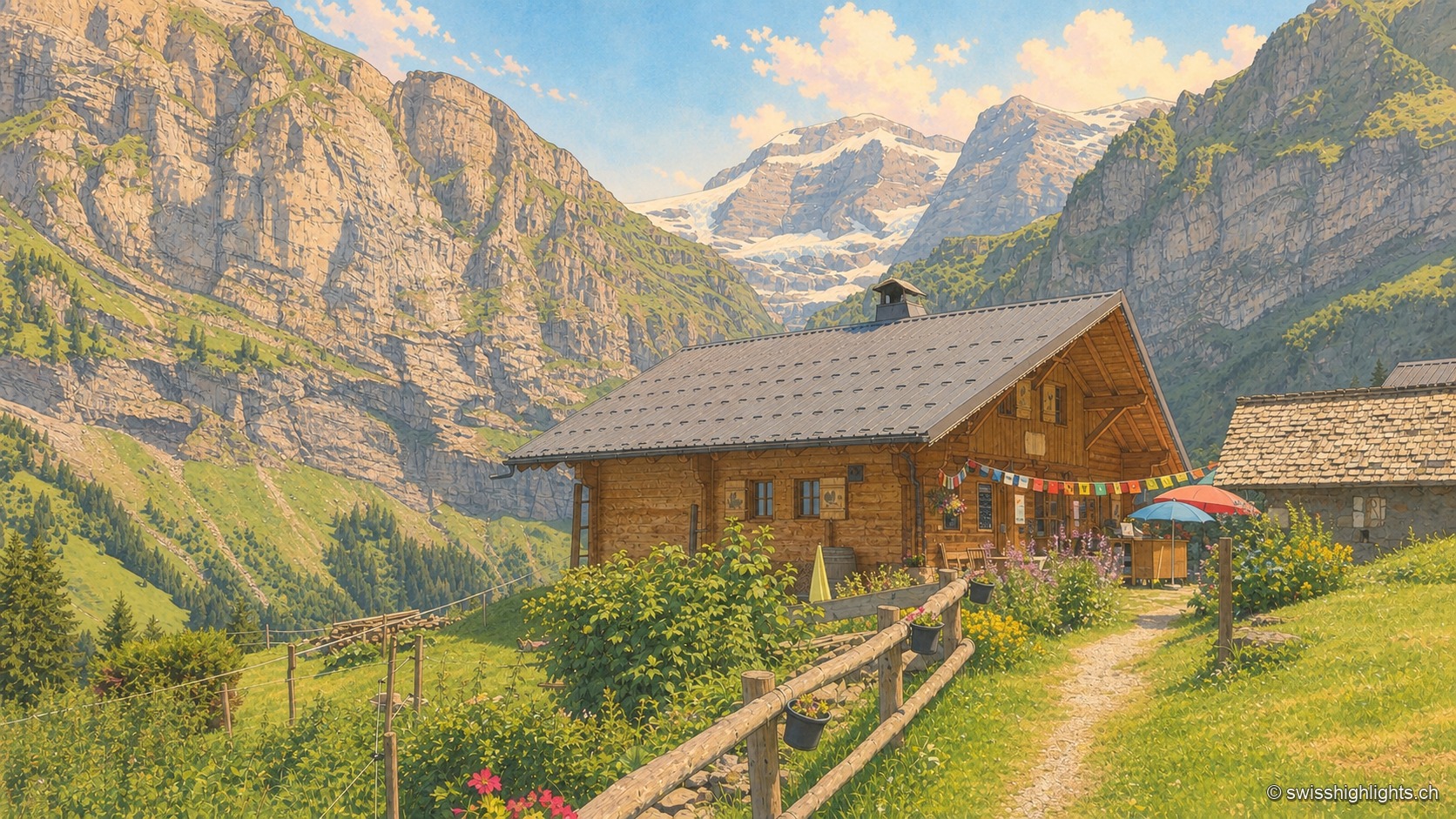 Le refuge de Bonavau, chalet de bois isolé dans un vallon alpin verdoyant, adossé à de hautes parois rocheuses couronnées de glaciers ; un sentier borde une clôture de bois fleurie devant la façade ornée de fanions.