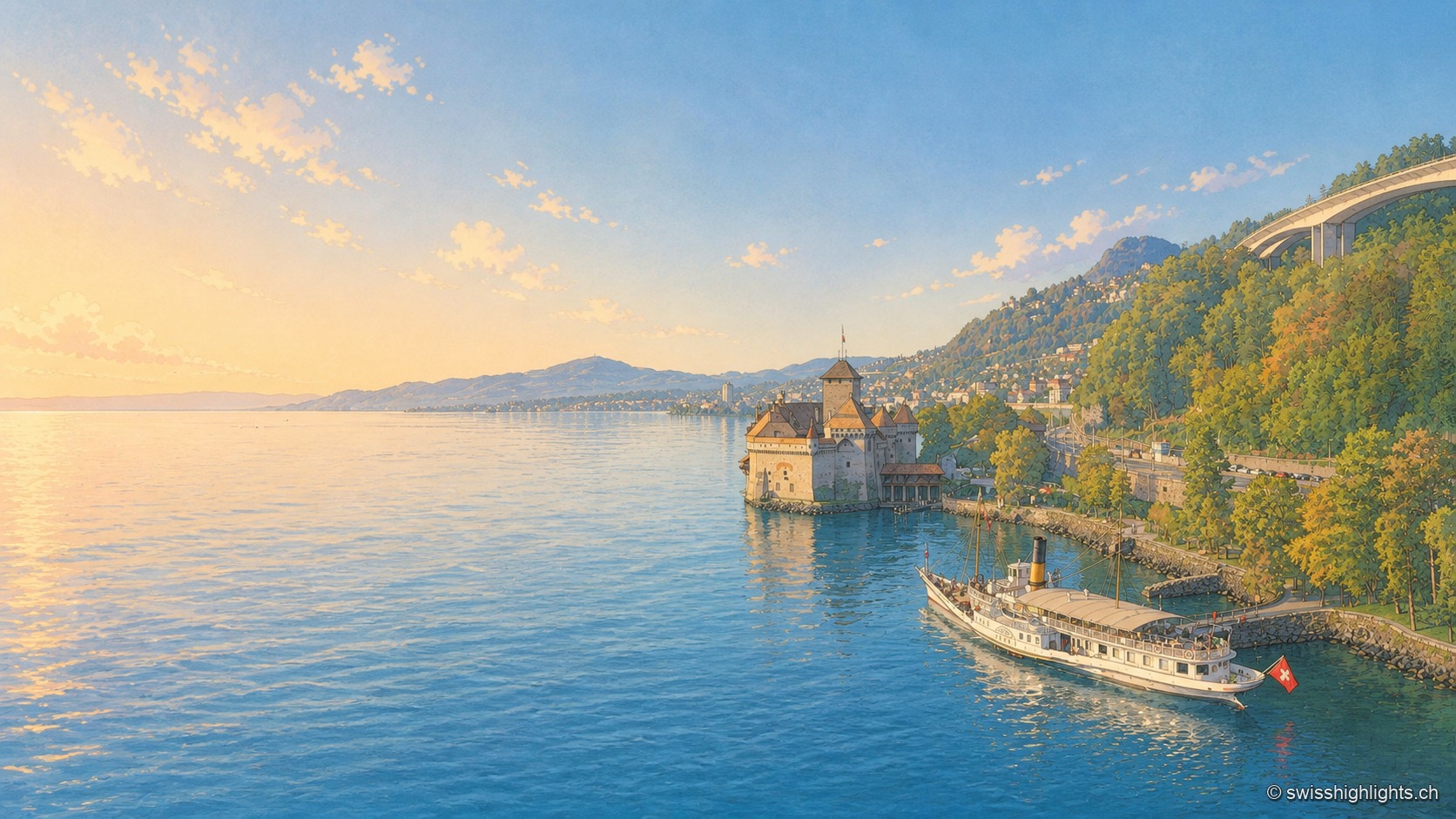 Vue aérienne du château de Chillon au bord du Léman, avec un bateau à vapeur amarré devant ses tours, la rive boisée et la route côtière serpentant sous un pont autoroutier, dans la lumière dorée du soir.