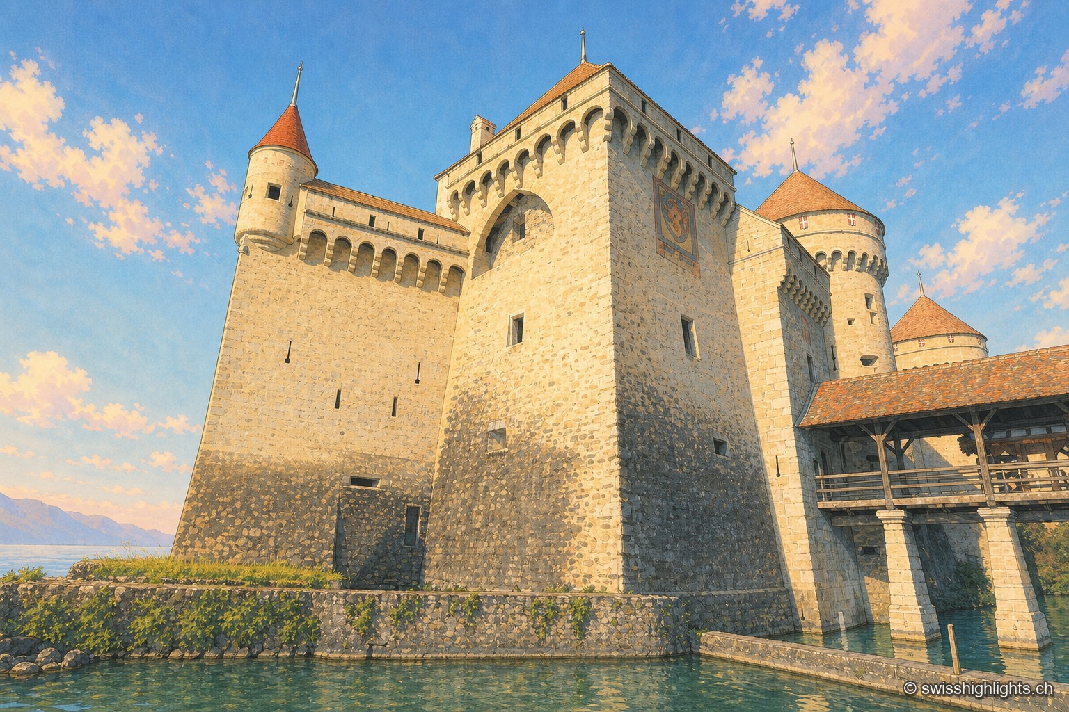 Gros plan architectural sur les tours et remparts en pierre du château de Chillon, avec leurs toits de tuiles rouges, une passerelle de bois menant à l'entrée et le lac visible en contrebas.