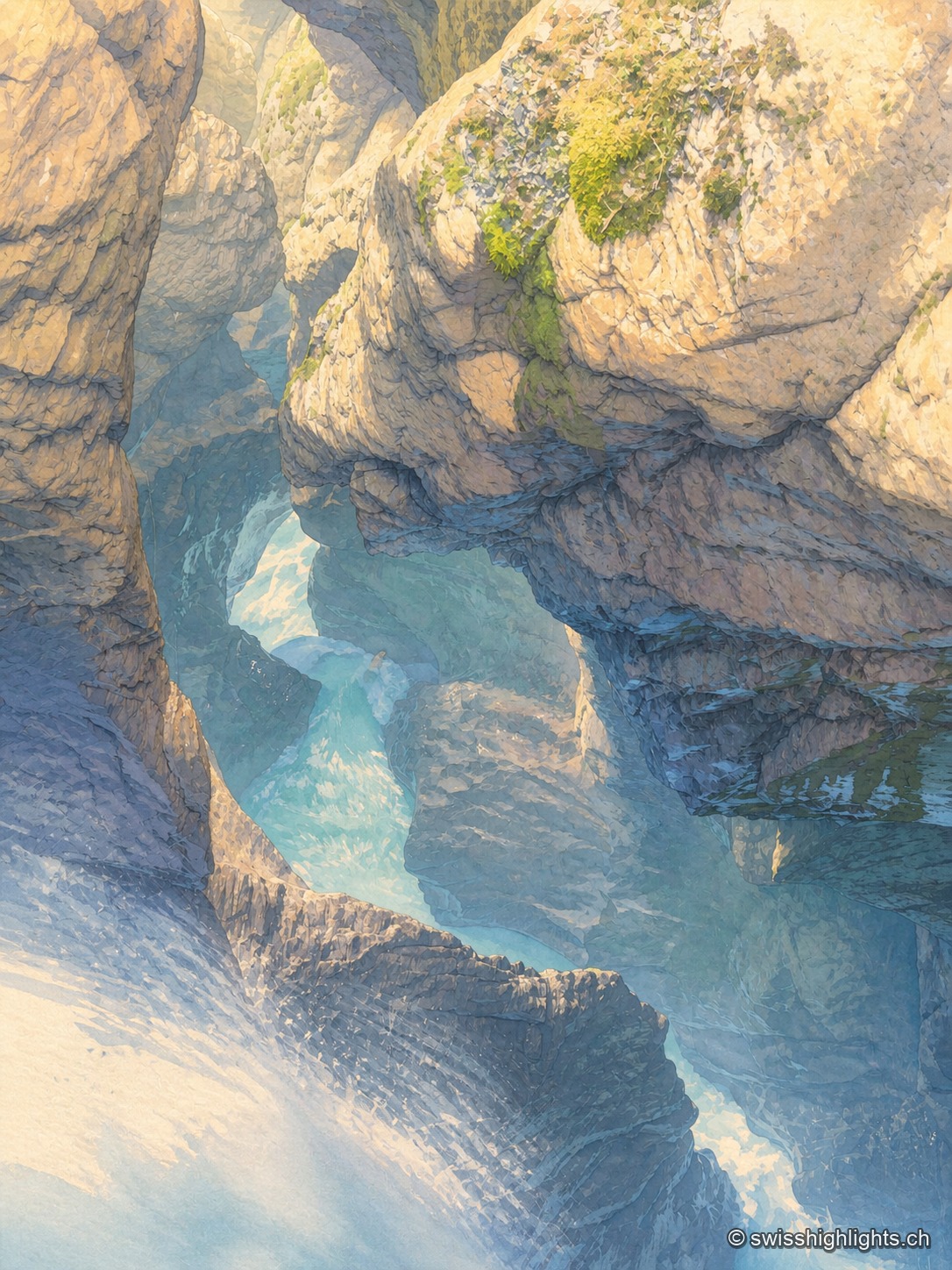 Au fond d'une gorge étroite, l'eau turquoise laiteuse du Trümmelbach glisse en longue exposition entre des parois de calcaire poli ; la brume monte du courant et quelques touffes de mousse verte accrochent la lumière sur le rocher en surplomb.