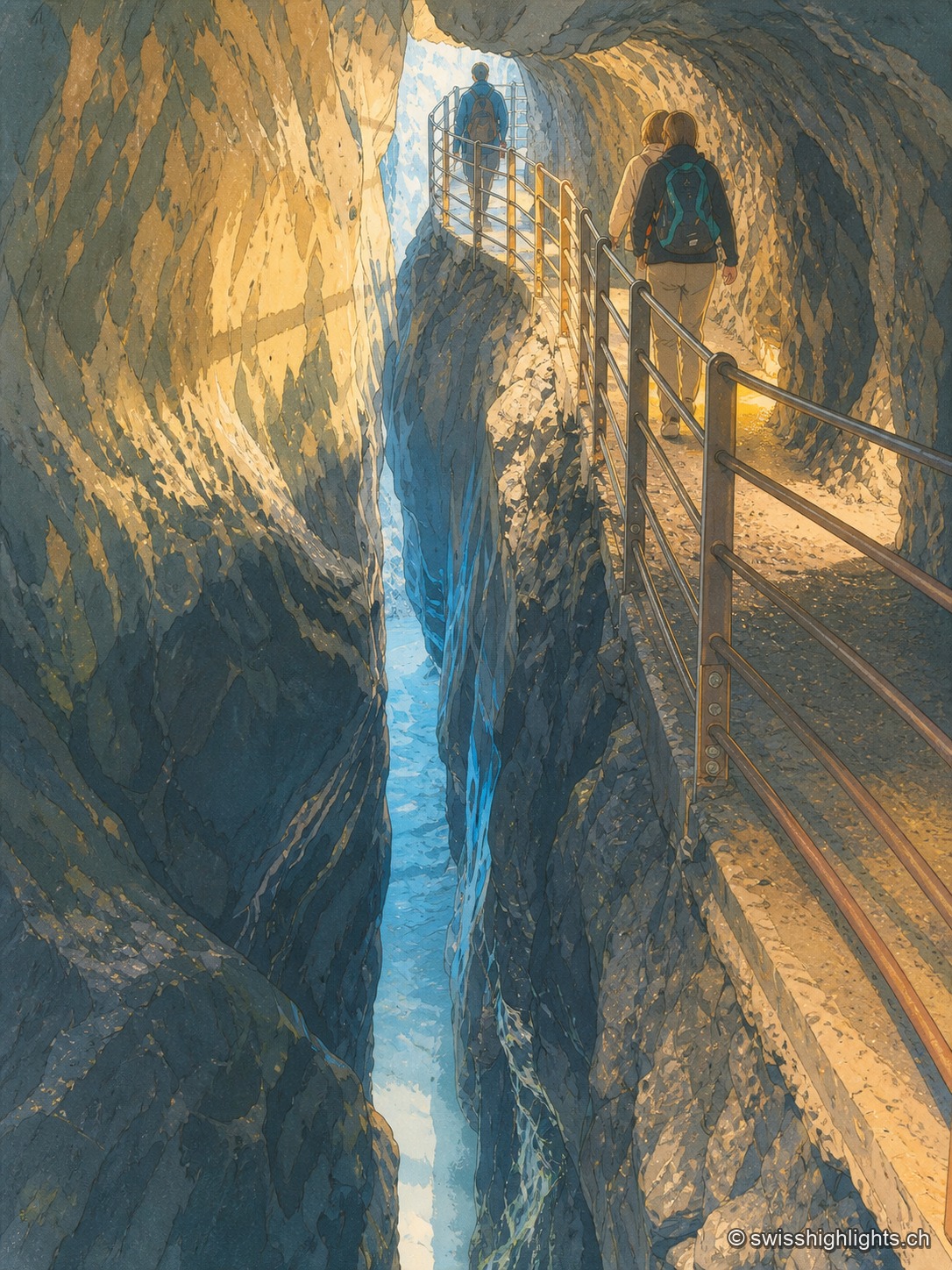Une passerelle métallique s'enfonce dans la gorge étroite des chutes de Trümmelbach, où des visiteurs cheminent au-dessus du torrent turquoise encaissé entre des parois de roche polie.