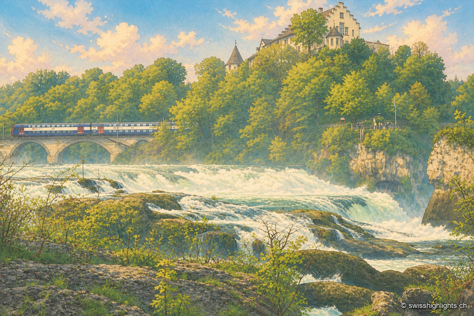 Un train régional franchit le viaduc en pierre au-dessus des chutes du Rhin, avec le château de Laufen perché sur son promontoire boisé à l'arrière-plan, dominant les eaux tumultueuses.