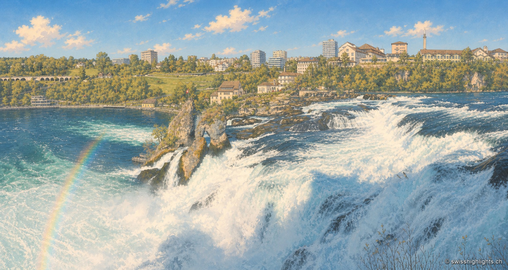 Panorama pris au niveau de la crête du Felsen central des chutes du Rhin, un arc-en-ciel se formant dans les embruns, avec la ville de Schaffhouse et ses tours visibles au loin sur la rive.