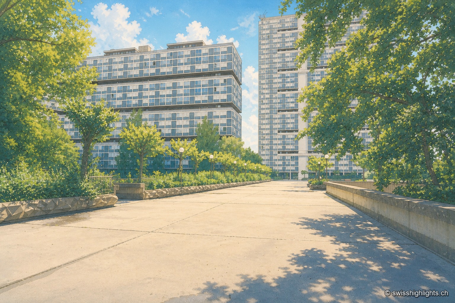 Vue au sol d'une allée bordée d'arbres entre les barres d'immeubles de la Cité du Lignon, menant vers la tour la plus haute du complexe sous un ciel dégagé.