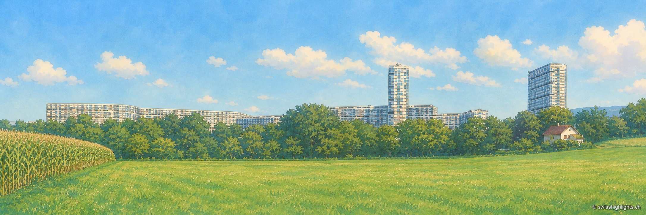 Panorama extrêmement large sur la Cité du Lignon, ses longues barres d'immeubles et sa tour émergeant au-dessus des arbres, vue depuis un champ de maïs en lisière de la ville.