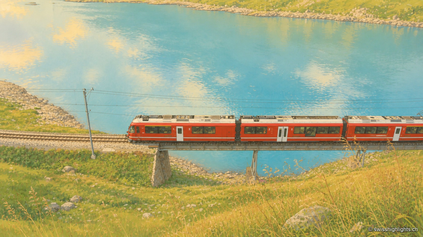 Un train rouge des Chemins de fer rhétiques franchit un pont métallique le long du Lago Bianco, dont les eaux turquoise s'étendent entre des rives herbeuses au col de la Bernina.
