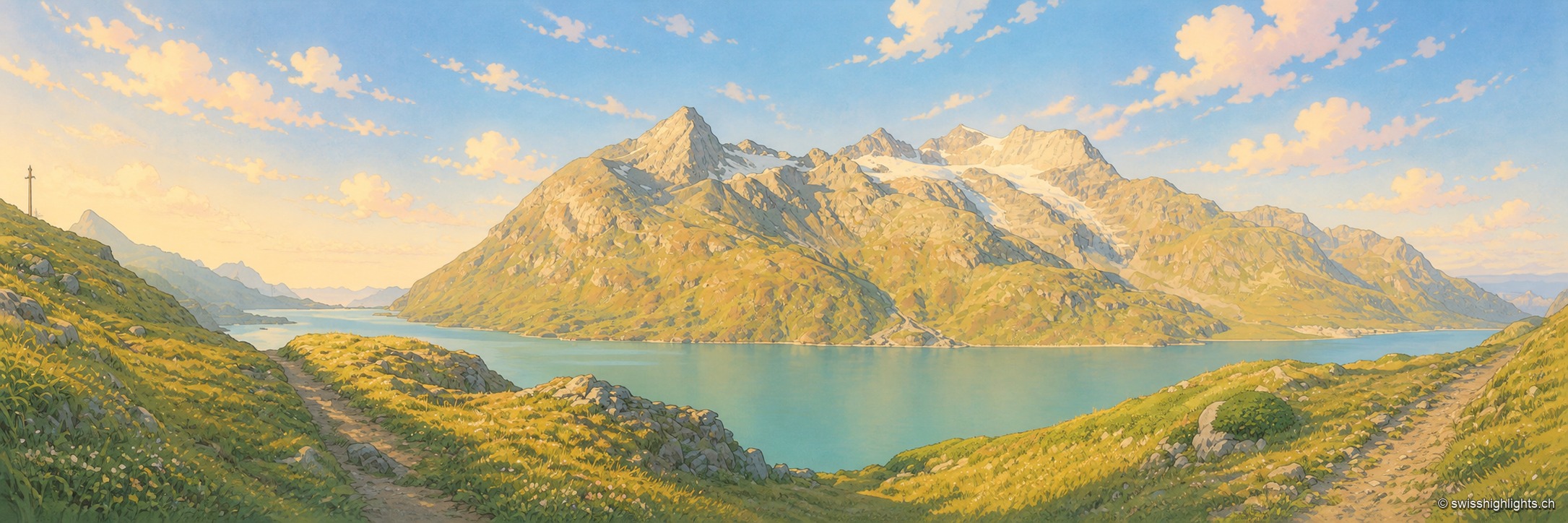 Panorama très large sur le Lago Bianco au col de la Bernina, ses eaux turquoise encadrées de crêtes rocheuses striées de neige, dans la lumière dorée du soir.