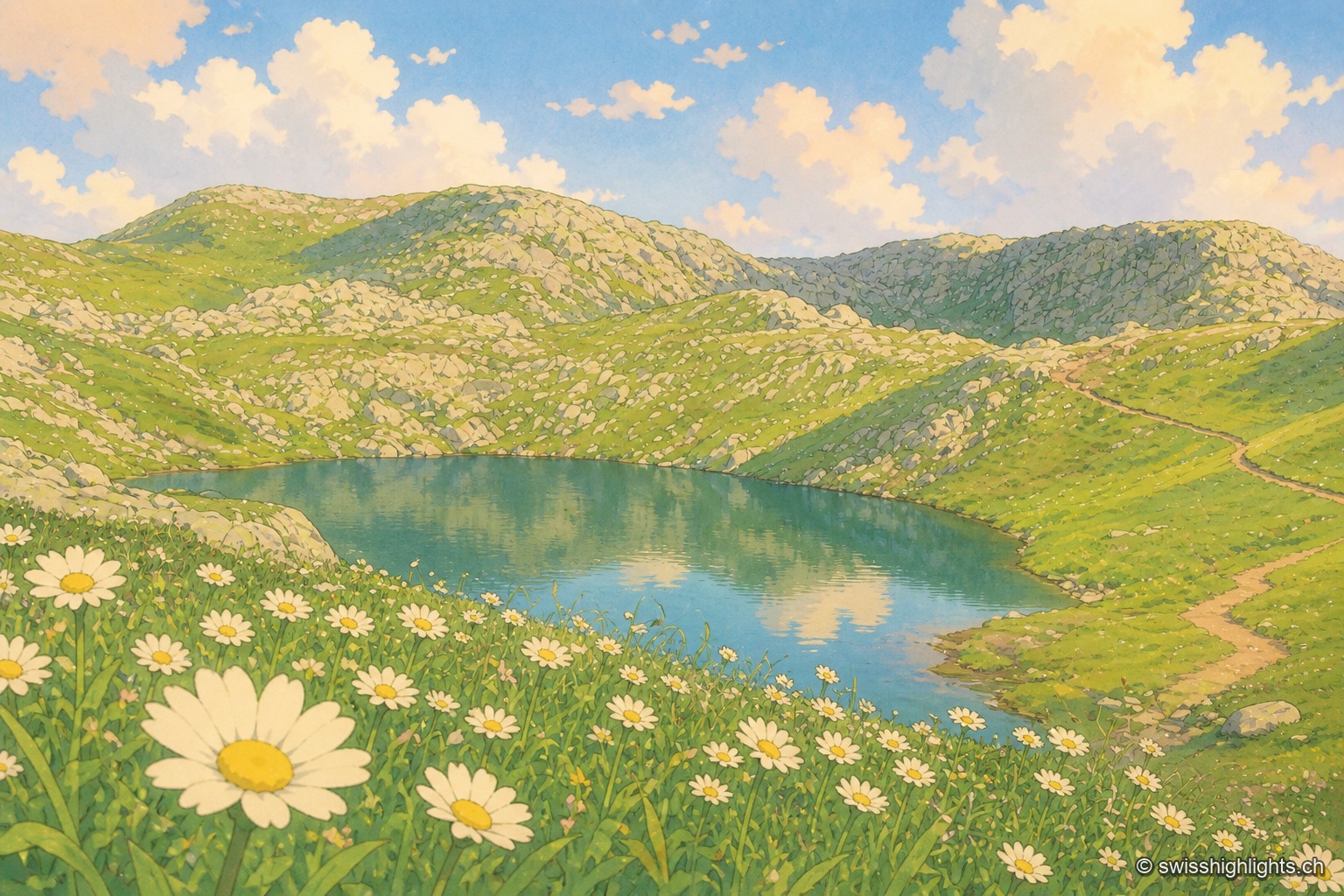 Un lac alpin cerné de rochers moutonnés au col du Saint-Gothard, bordé au premier plan par une prairie de marguerites blanches, sous un ciel changeant.