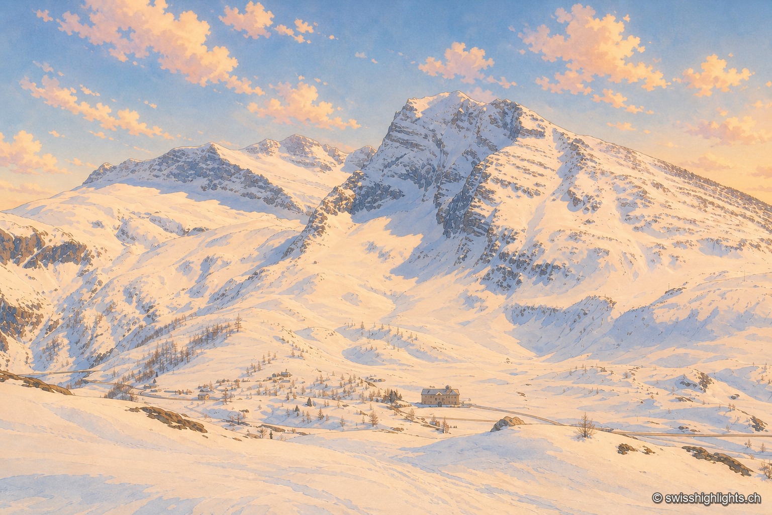 Vue hivernale du massif du Simplon sous la neige, avec le petit hospice isolé dans la vallée blanche au pied des sommets escarpés.