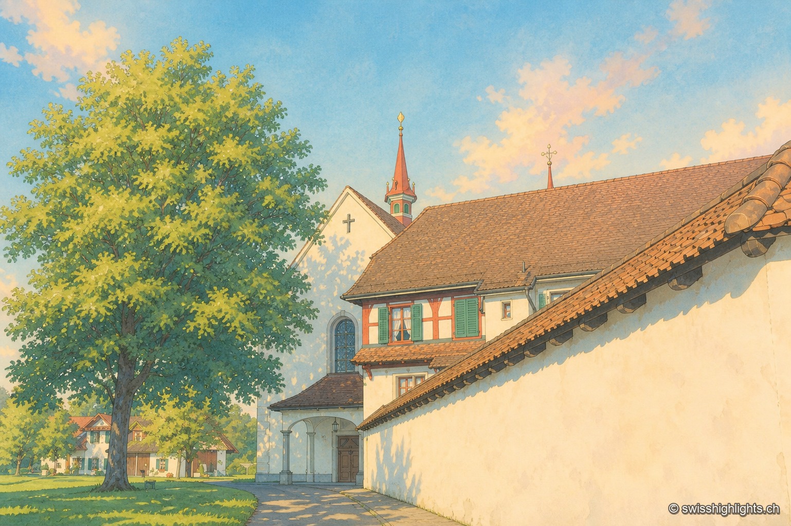 Vue rapprochée du couvent de Frauenthal, sa façade jaune pâle percée de volets bleu-gris et son clocher pointu, entourée d'arbres au feuillage printanier.