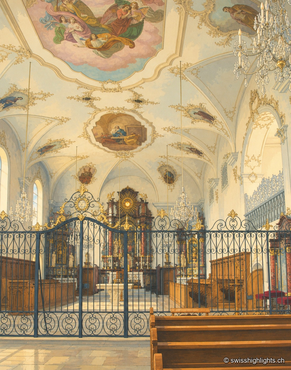 Intérieur baroque de l'église du couvent de Frauenthal : voûtes peintes de fresques d'anges, chœur doré derrière une grille en fer forgé, lustres de cristal suspendus sous les arcs.