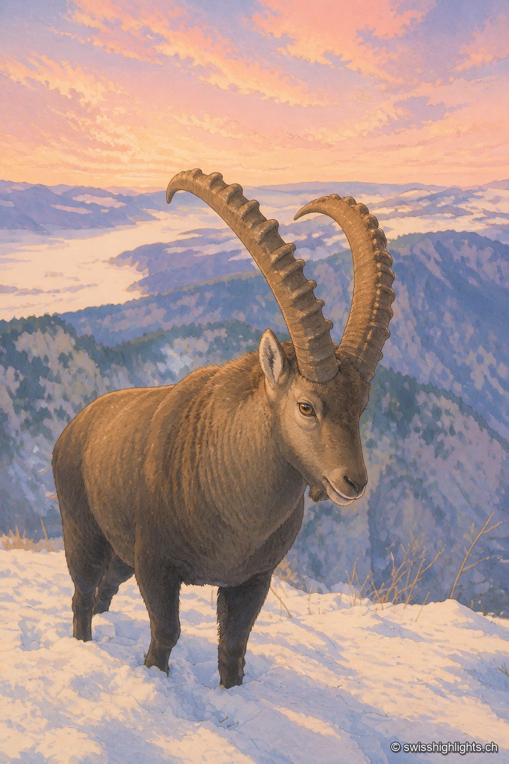 Portrait vertical d'un bouquetin aux longues cornes annelées, dressé sur un promontoire enneigé du Creux du Van, sous un ciel de crépuscule rose et orangé.