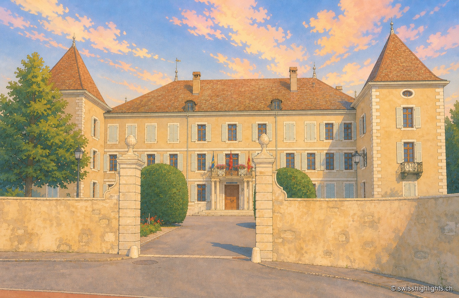 Façade principale du château de Dardagny au soleil couchant, avec son portail en pierre flanqué de tourelles, ses volets bleu clair et son fronton triangulaire.
