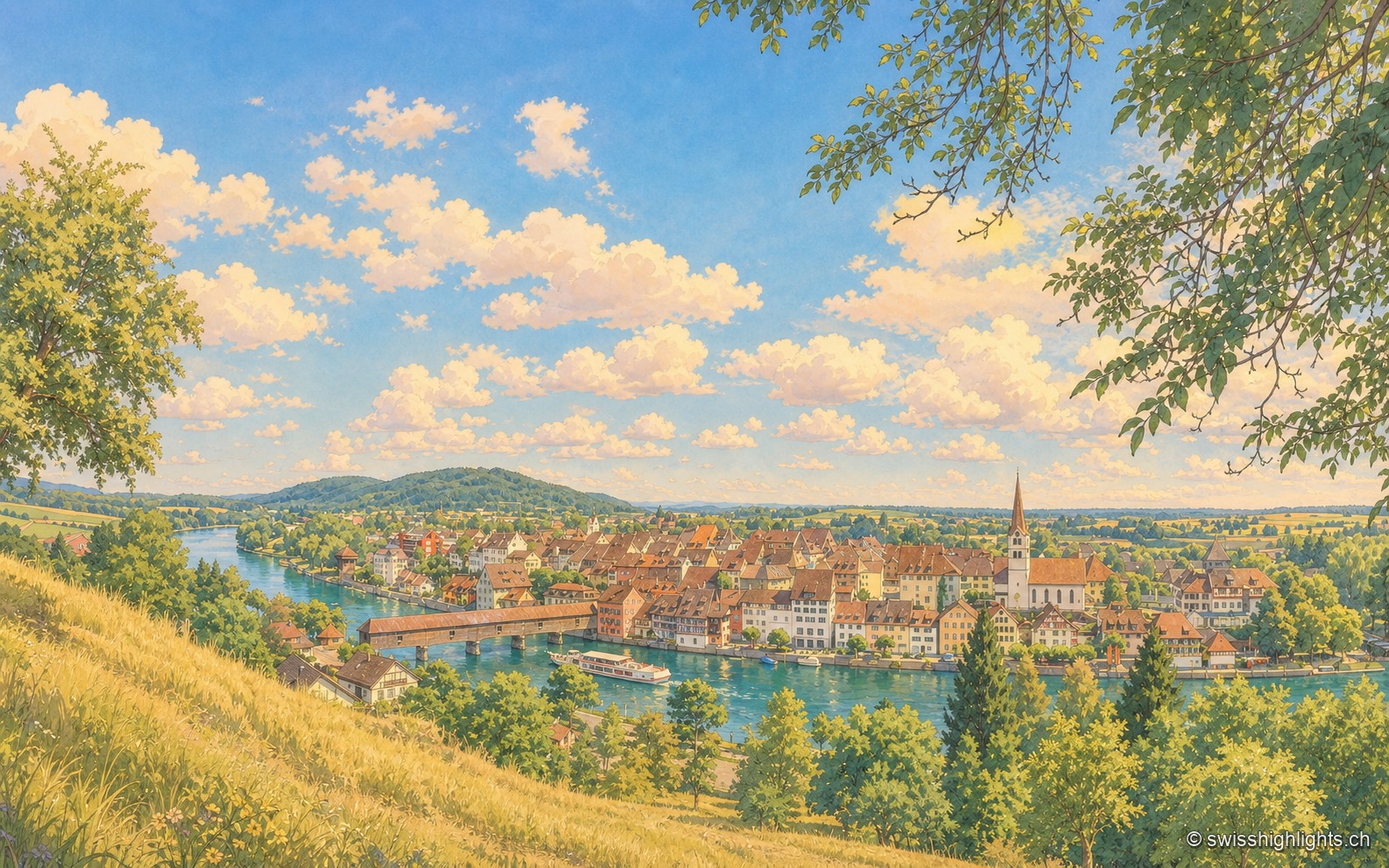 Vue plongeante sur Diessenhofen depuis une hauteur de la rive opposée : le Rhin en boucle, le pont de bois couvert à gauche, un bateau à passagers devant le quai, les toits serrés du bourg et le clocher de l'église au centre, sous un ciel d'été à cumulus.
