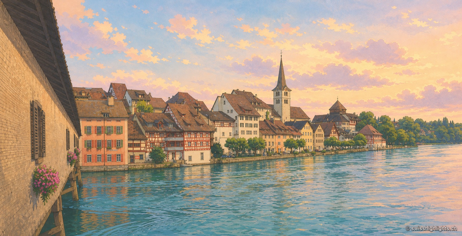 Vue panoramique sur Diessenhofen et le Rhin, les toits de tuiles rouges de la vieille ville se déployant le long de la rive dans la lumière du soir.