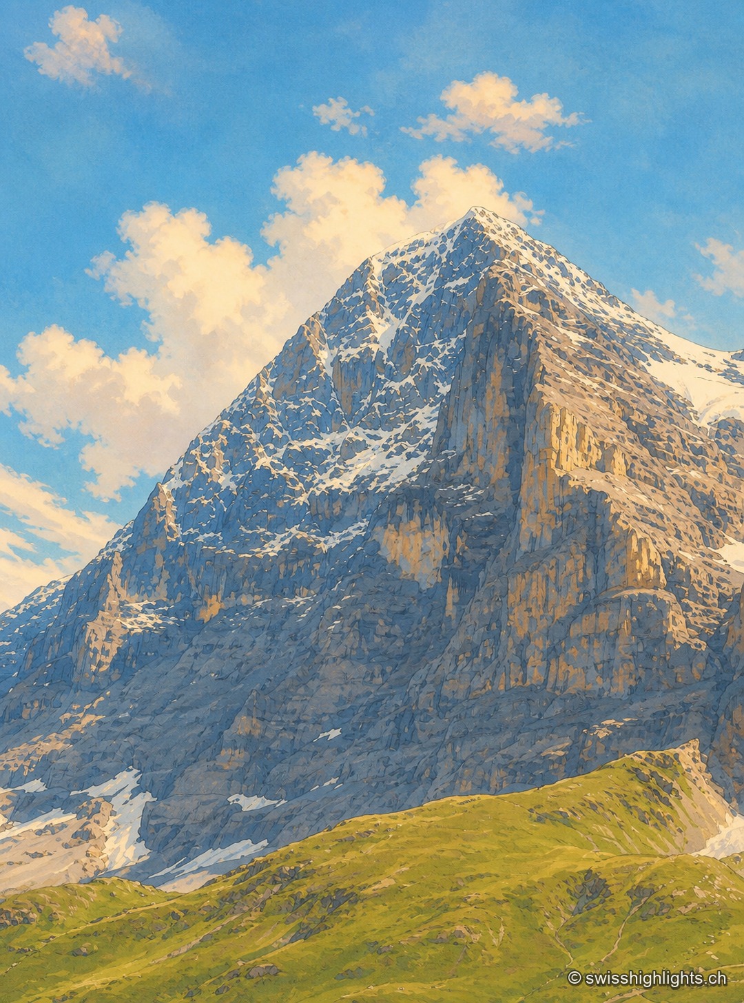 La face nord de l'Eiger vue de face en été : une muraille de calcaire sombre, striée de bancs inclinés, coiffée d'une pyramide sommitale enneigée sous des nuages effilochés, avec des pentes d'herbe et des névés au pied de la paroi.