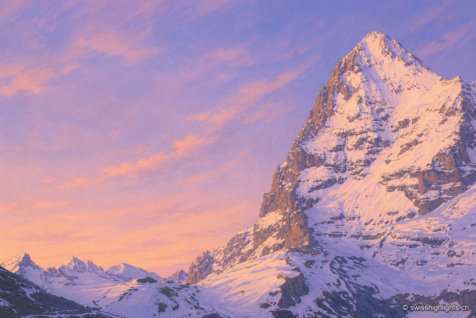 Vue horizontale sur la face nord de l'Eiger, ses parois rocheuses et glaciaires dominant une vallée alpine verdoyante.
