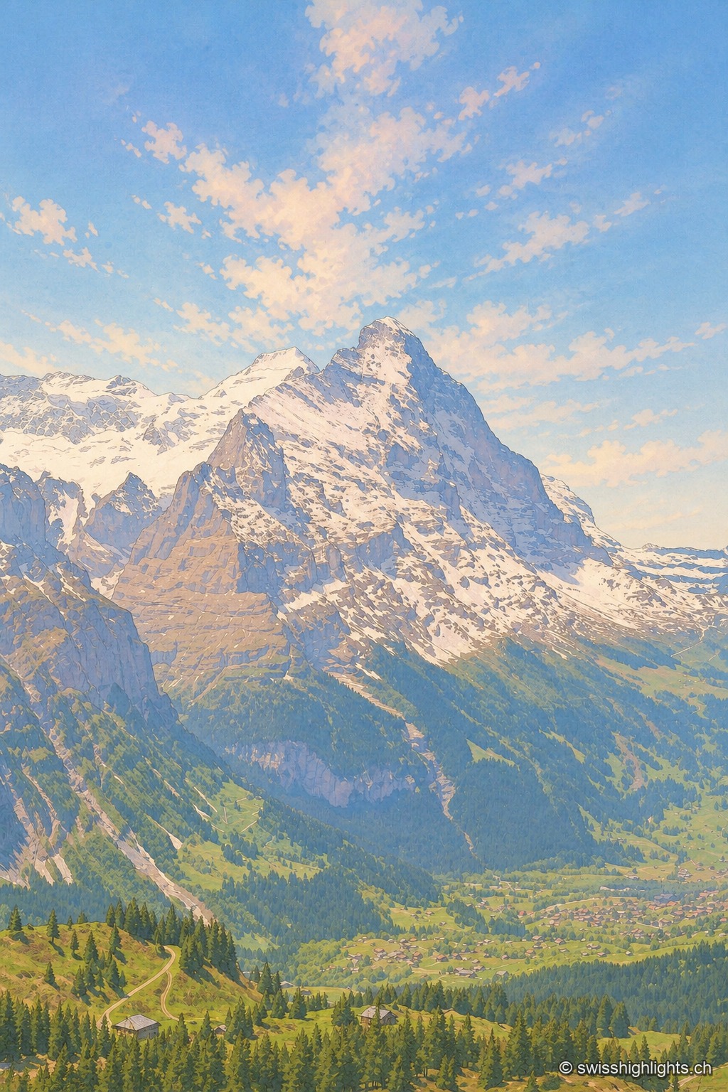 Portrait vertical de l'Eiger émergeant d'une mer de nuages, sa silhouette sombre et acérée découpée contre un ciel de haute montagne.