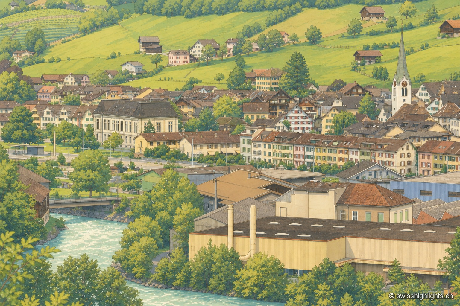 Vue rapprochée du village d'Ennenda, ses toits de tuiles et son clocher se détachant parmi les arbres au pied des collines glaronnaises.