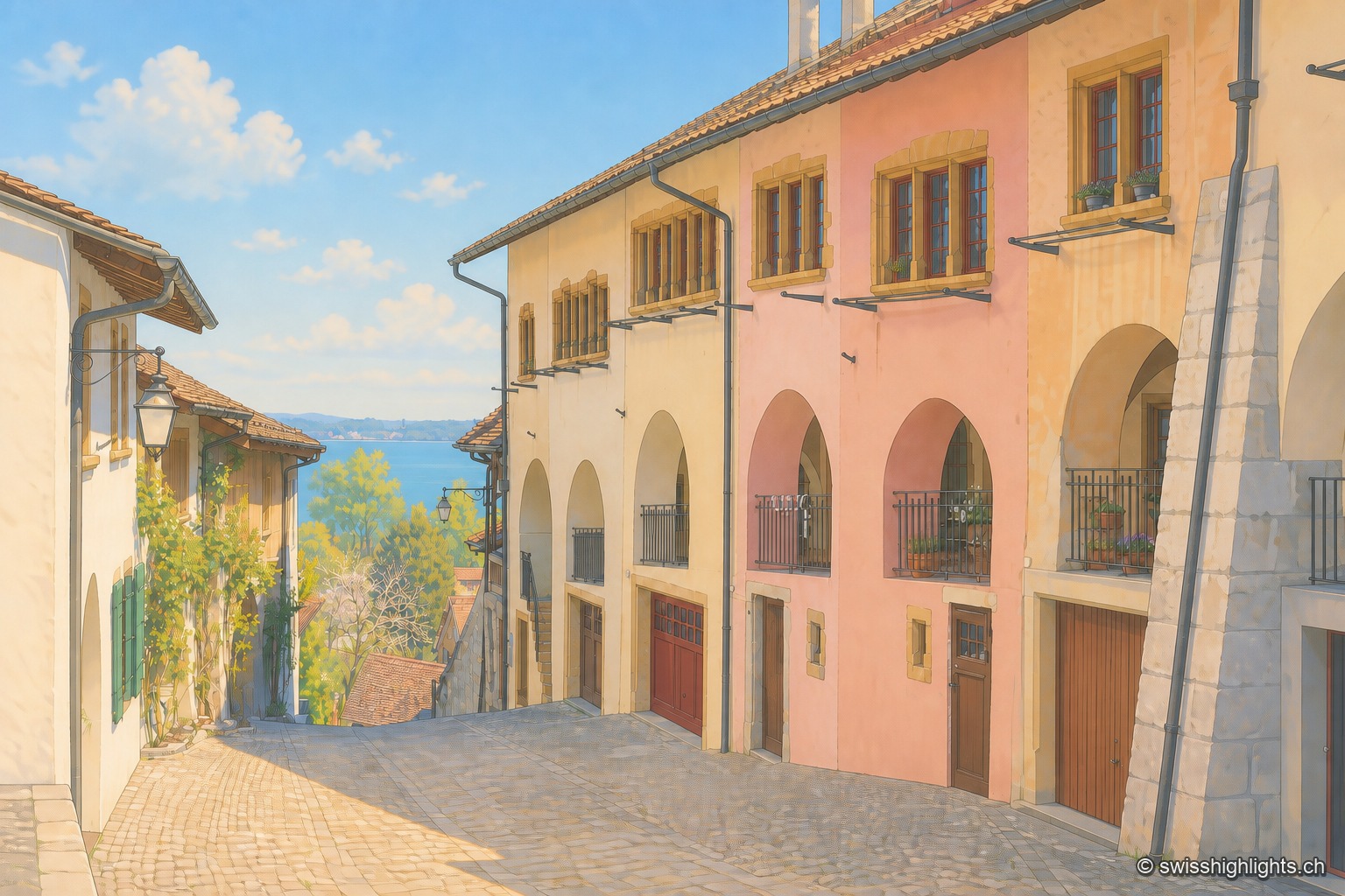 Ruelle pavée de la vieille ville d'Erlach dévalant vers le lac de Bienne : à droite, une rangée de maisons aux façades rose, crème et ocre percées d'arcades en plein cintre et de balcons en fer forgé ; au loin, la surface du lac scintille sous un ciel bleu clair.