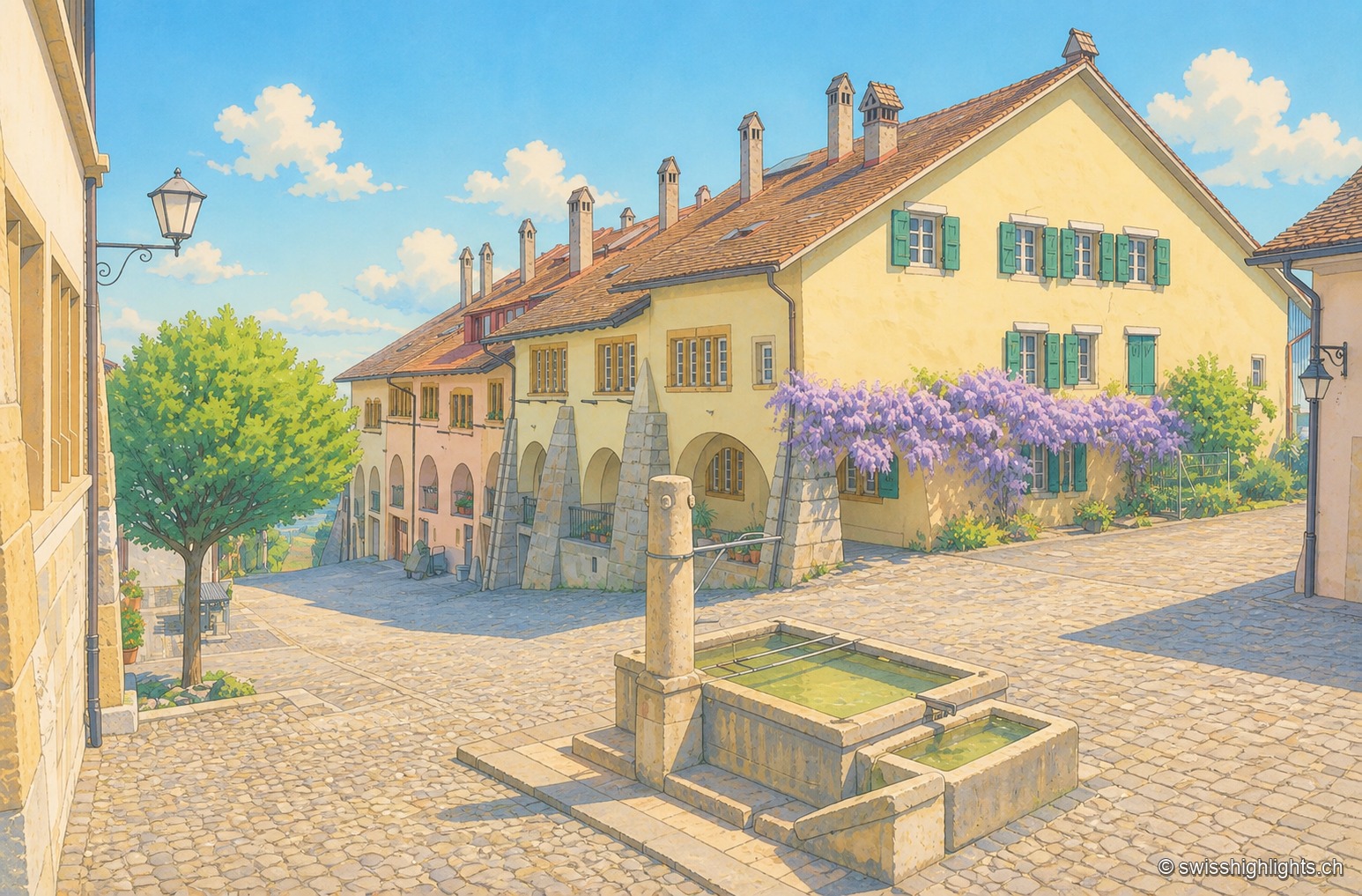 Ruelle pittoresque d'Erlach, façades colorées et arcades de pierre menant vers une vue dégagée sur le lac de Bienne.