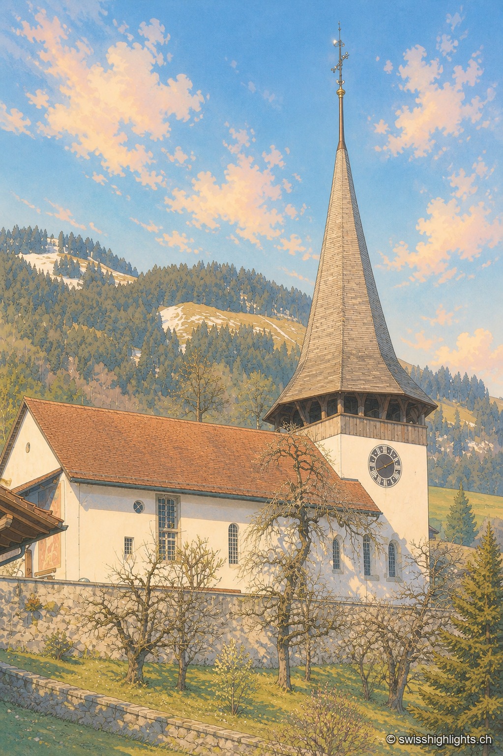 L'église réformée d'Erlenbach im Simmental, façade blanche et clocher pointu, au pied des Préalpes bernoises.