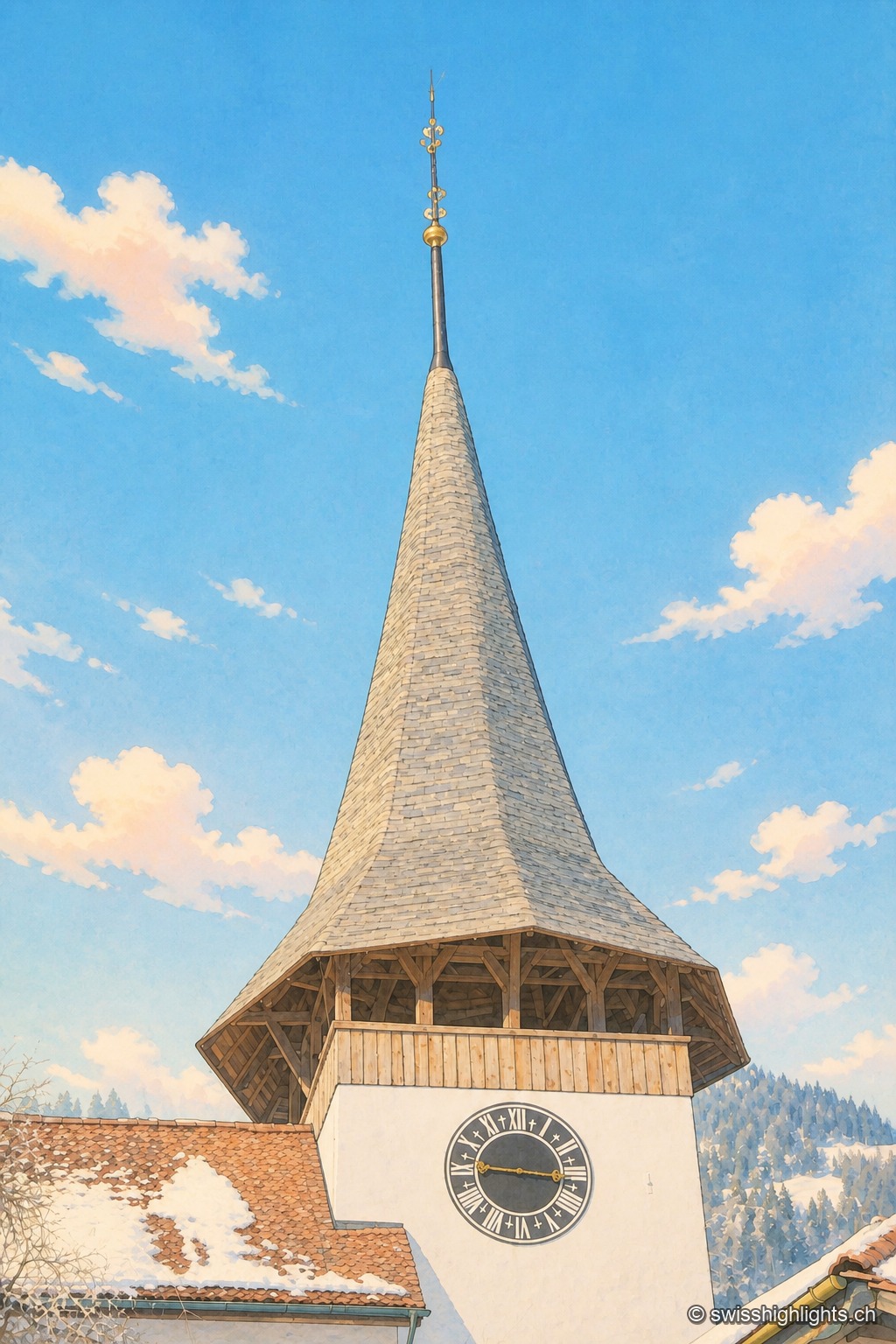 Portrait vertical de l'église réformée d'Erlenbach im Simmental, son clocher pointu émergeant des toits du village.
