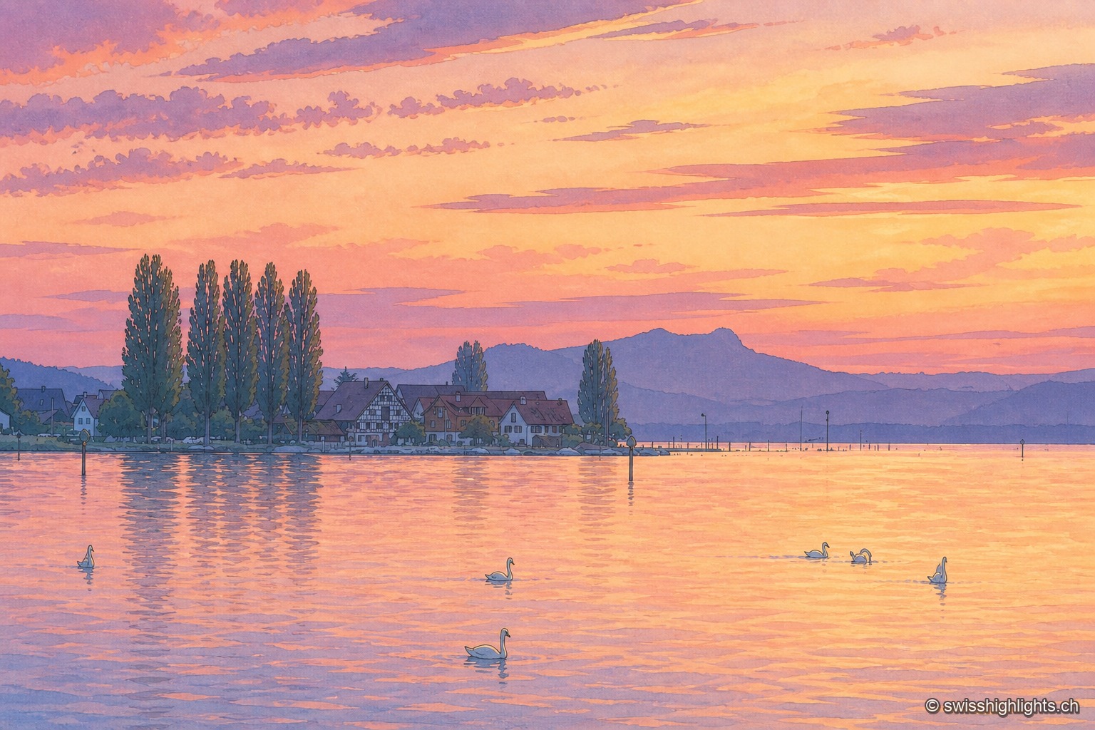 Coucher de soleil orange sur l'Untersee : à contre-jour, le front bâti d'Ermatingen et ses peupliers se découpent en silhouette au-dessus de l'eau, où nagent une dizaine de cygnes ; à l'horizon, les collines du Hegau.