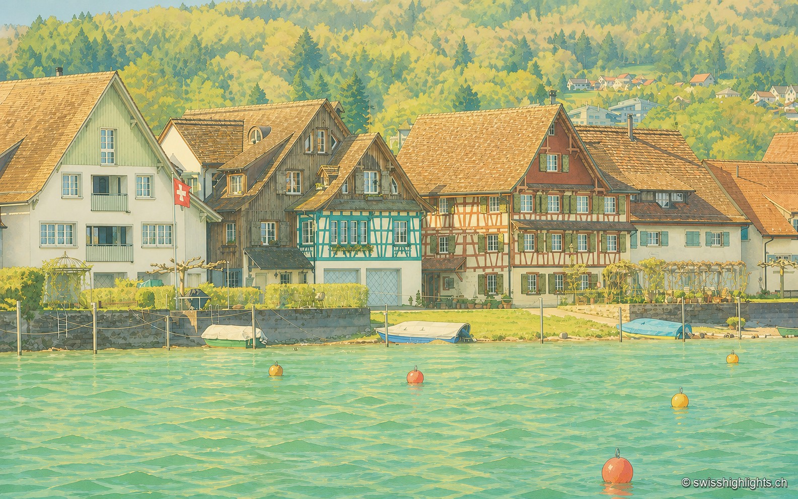 Front de maisons à colombages au bord de l'Untersee à Ermatingen : façades peintes en ocre, bleu et blanc, toits à forte pente, barques amarrées et bouées orange sur une eau turquoise, avec la rive boisée du Seerücken en arrière-plan.