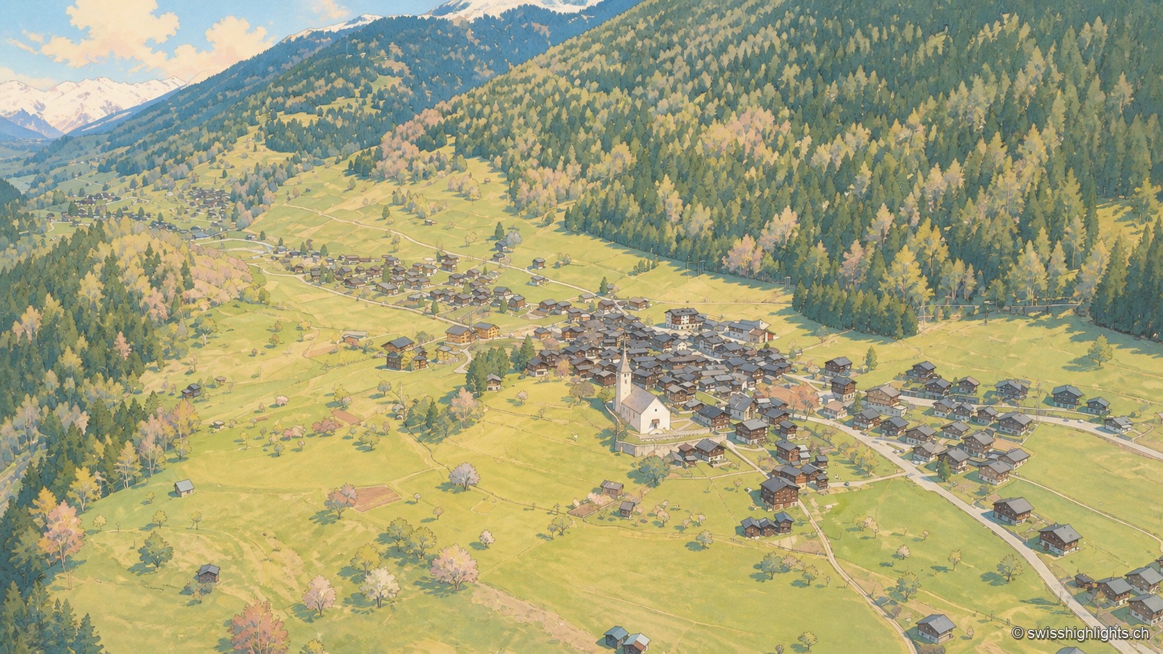 Vue aérienne du village d'Ernen au printemps : les maisons brunes serrées autour de l'église blanche occupent une terrasse d'herbe rase, bordée en haut par une forêt de mélèzes et ouverte à gauche sur la vallée du Rhône et des sommets enneigés.