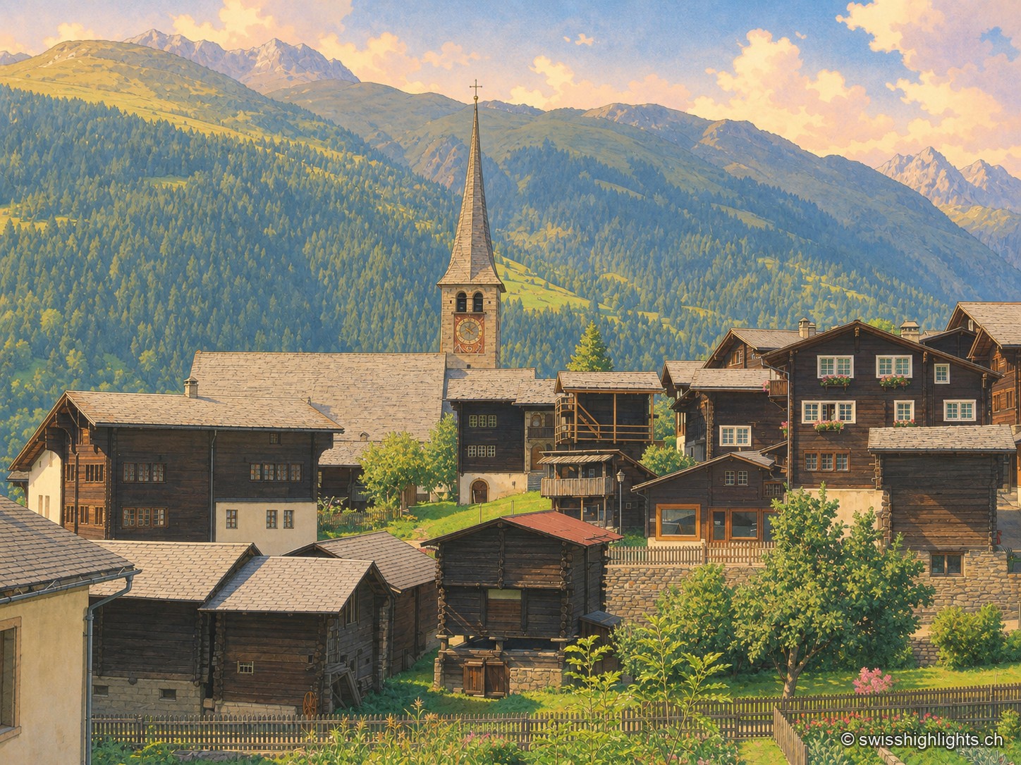 Le village d'Ernen en fin de journée : maisons de mélèze foncé et fenil de pierre au premier plan, ruelle centrale menant à l'église à flèche pointue, versant boisé et sommets éclairés par la lumière dorée du soir.