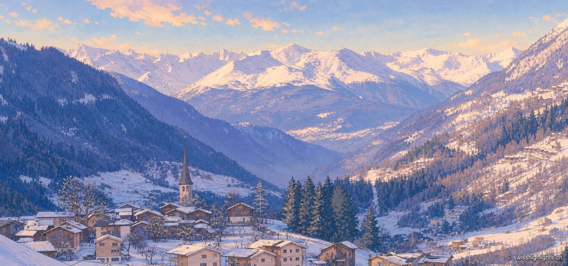 Vue panoramique du val de Conches en hiver : le village d'Ernen et son clocher nichés au creux de la vallée enneigée, entourés de pentes boisées, sous une longue chaîne de sommets glacés dans un ciel pastel de fin de journée.