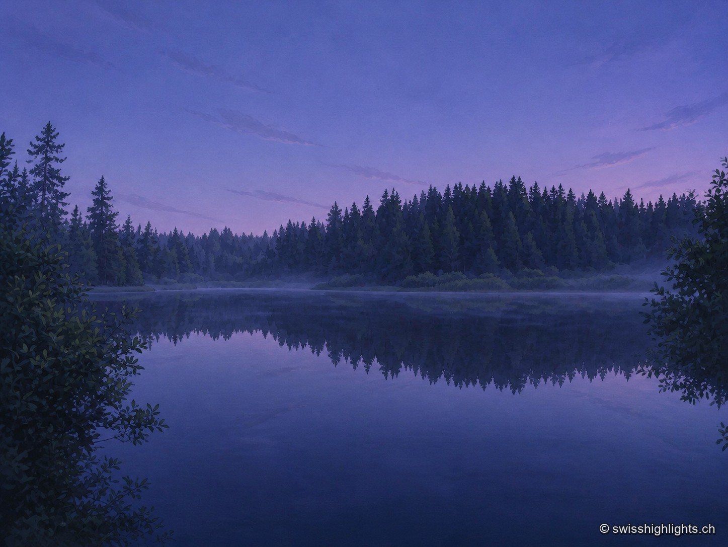 L'étang de la Gruère au crépuscule : silhouette sombre des épicéas se reflétant dans une eau violette et calme, légère brume flottant à la surface sous un ciel indigo sans nuage.