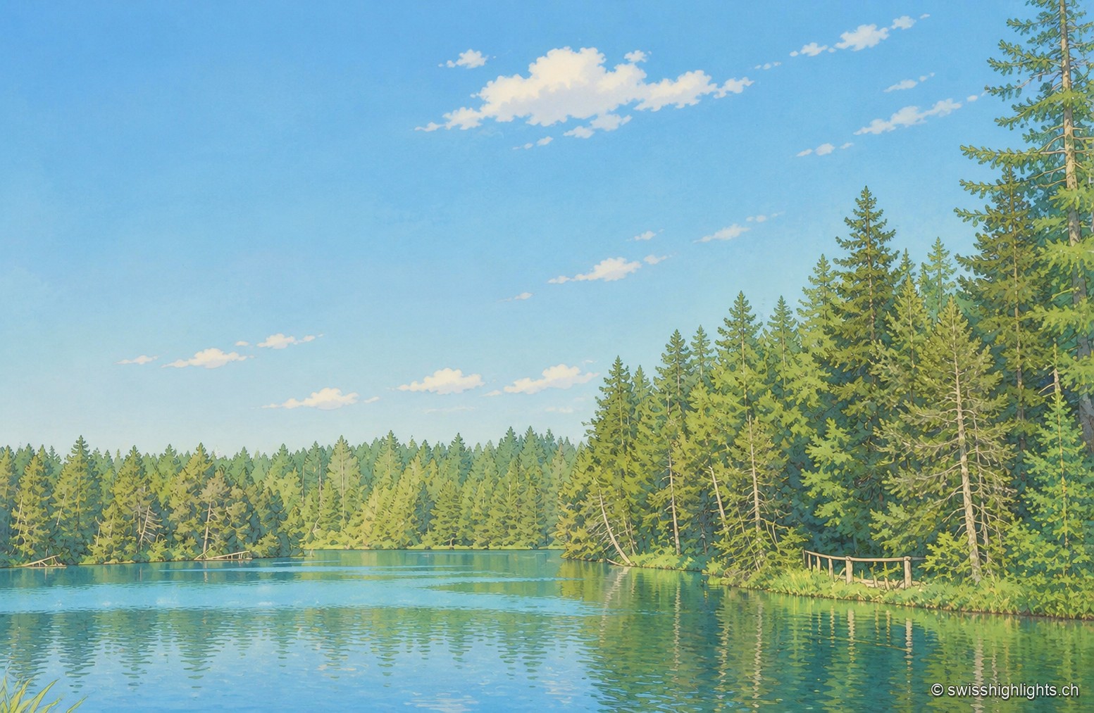 L'étang de la Gruère, plan d'eau sombre cerné d'épicéas qui descendent jusqu'à la rive, sous un ciel dégagé.