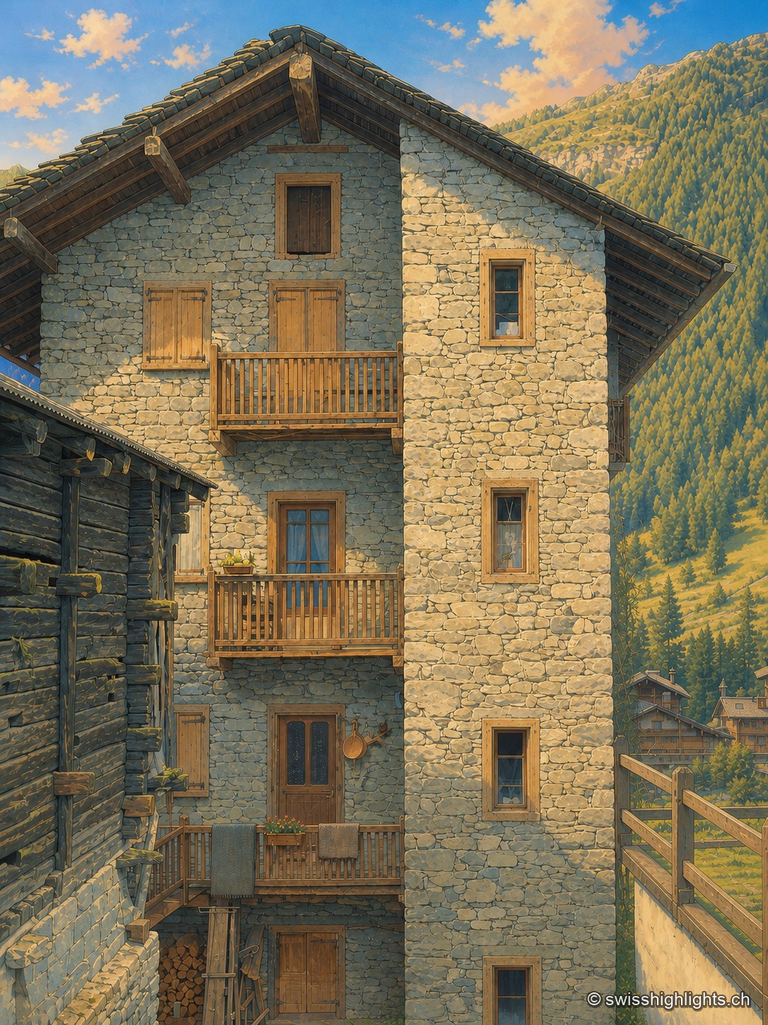 Illustration d'une maison d'Évolène vue depuis une ruelle en contrebas. Le corps du bâtiment, haut de quatre niveaux, est en moellons appareillés : à droite, une file de petites fenêtres carrées ; à gauche, trois galeries de bois superposées, aux balustrades ajourées, devant des volets clos et une porte, avec du bois de chauffage empilé sous la maison. Un large toit de dalles déborde sur le pignon. À gauche apparaît un raccard de bois sombre posé sur des dés de pierre ; à droite, derrière une barrière de bois, la pente de mélèzes et quelques toits du village.
