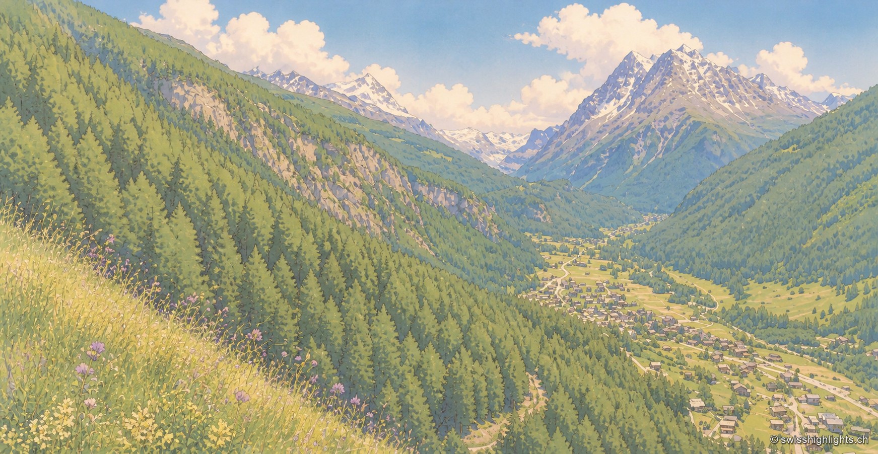 Vue plongeante sur la vallée d'Évolène depuis un alpage fleuri : pente de mélèzes en diagonale, prairie parsemée de fleurs des champs au premier plan, village dispersé au fond de la vallée et sommets glacés à l'horizon.
