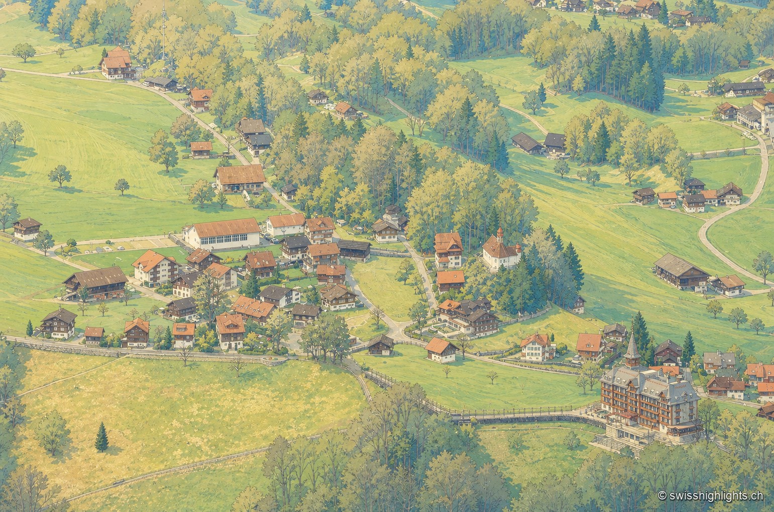 Vue aérienne du plateau de Flüeli-Ranft : fermes et maisons éparpillées entre prés verts et bosquets, hameau groupé au centre et versants boisés en arrière-plan.