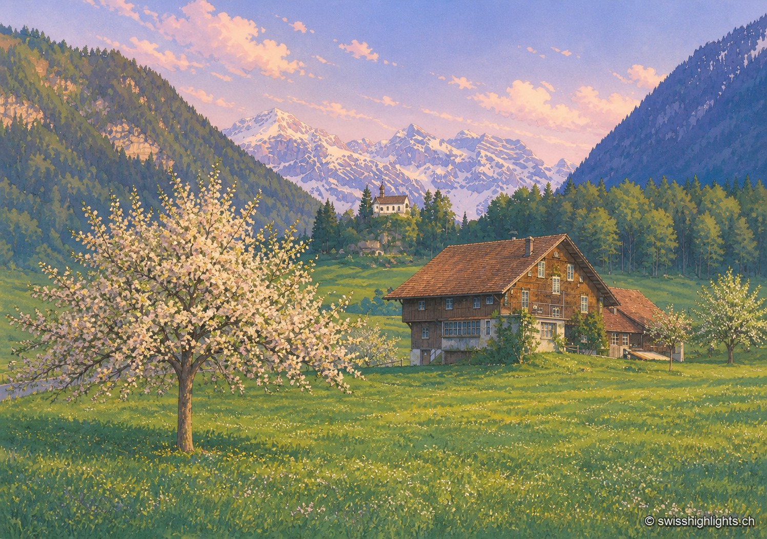 Un pommier en fleurs au premier plan devant une ferme à colombages et la chapelle de Ranft, prairie verdoyante et chaîne des Alpes enneigées à l'horizon sous un ciel de fin d'après-midi.