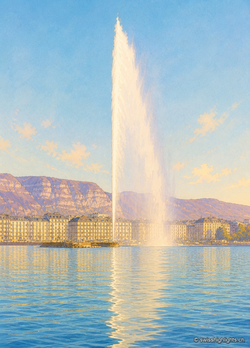 Le jet d'eau de Genève vu depuis la rive, en hiver : la colonne d'eau blanche monte très haut dans un ciel bleu sans nuage et se courbe légèrement vers la droite. En arrière-plan, la ligne des immeubles clairs du quai est éclairée par un soleil rasant ; derrière eux se dresse la falaise calcaire du Salève. Le premier plan est occupé par l'eau ridée du lac, où se reflète la colonne du jet.