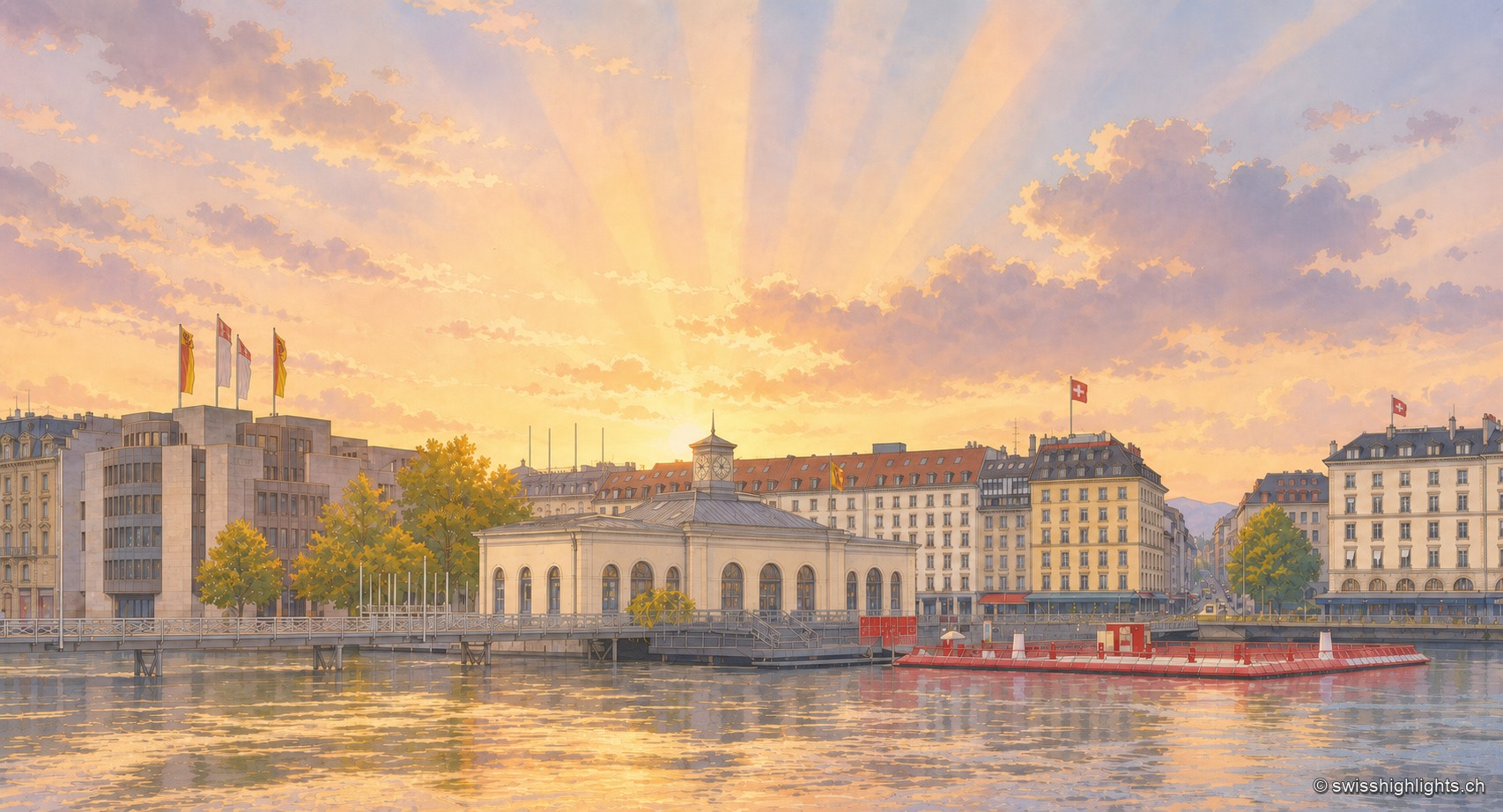 Coucher de soleil sur le Rhône à Genève : rayons dorés perçant des nuages roses au-dessus du bâtiment du Pont de la Machine, bateau amarré au premier plan et façades du quai en arrière-plan.
