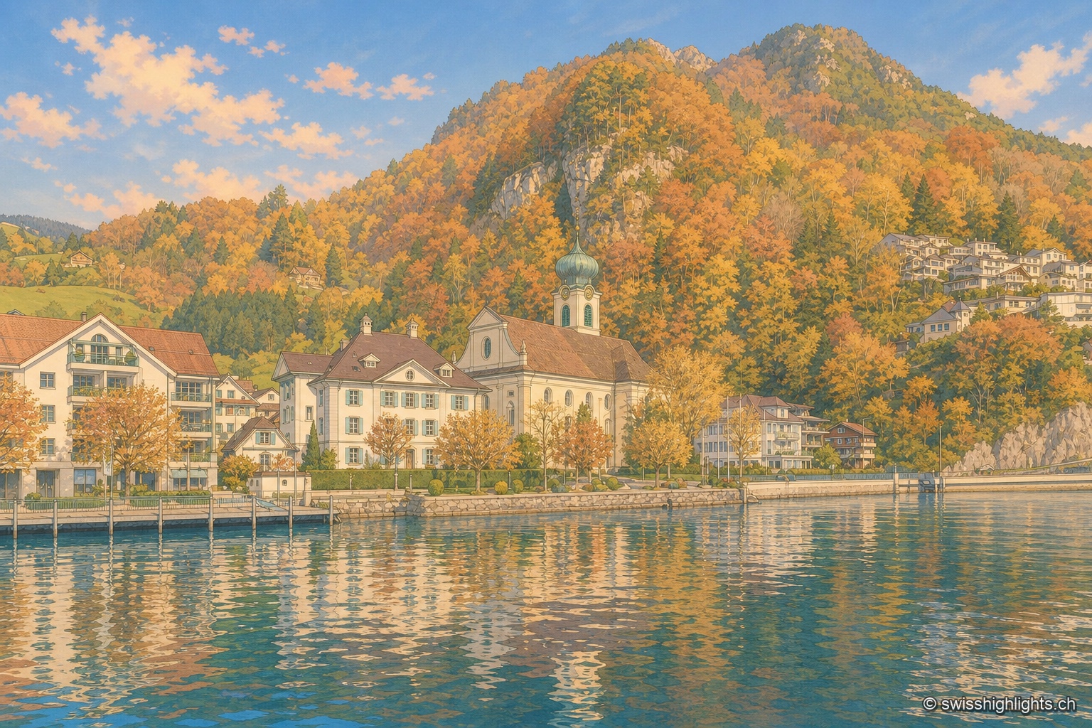 Vue depuis le lac des Quatre-Cantons sur le front de quai de Gersau : église paroissiale à clocher bulbeux vert entourée de maisons claires aux volets colorés et de rangées d'arbres roussis, au pied d'un coteau densément boisé aux teintes d'automne orangées, le tout se reflétant dans l'eau calme sous un ciel strié de nuages roses.