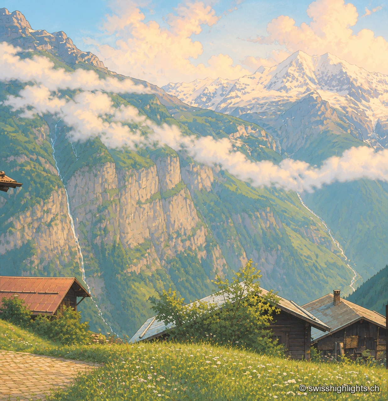 Vue plongeante depuis un pré en fleurs sur la falaise abrupte de la vallée de Lauterbrunnen, striée de cascades et traversée de bancs de brume horizontaux ; au premier plan, les toits de bois sombre de chalets de Gimmelwald, à l'arrière-plan la chaîne de sommets enneigés sous un ciel dégagé.
