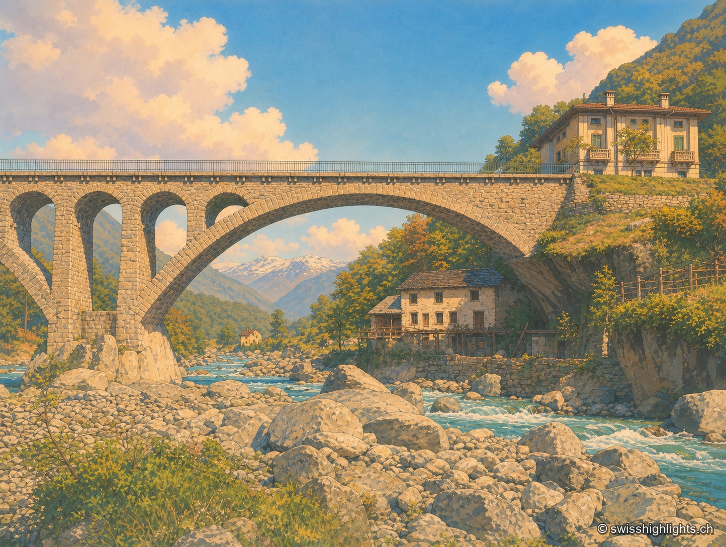 Un pont de pierre à large arche enjambe le lit caillouteux d'une rivière torrentueuse turquoise ; en contrebas, une maison à toit de pierre est accolée à la roche, tandis qu'une grande bâtisse claire à volets se dresse au sommet du talus, entourée de verdure.