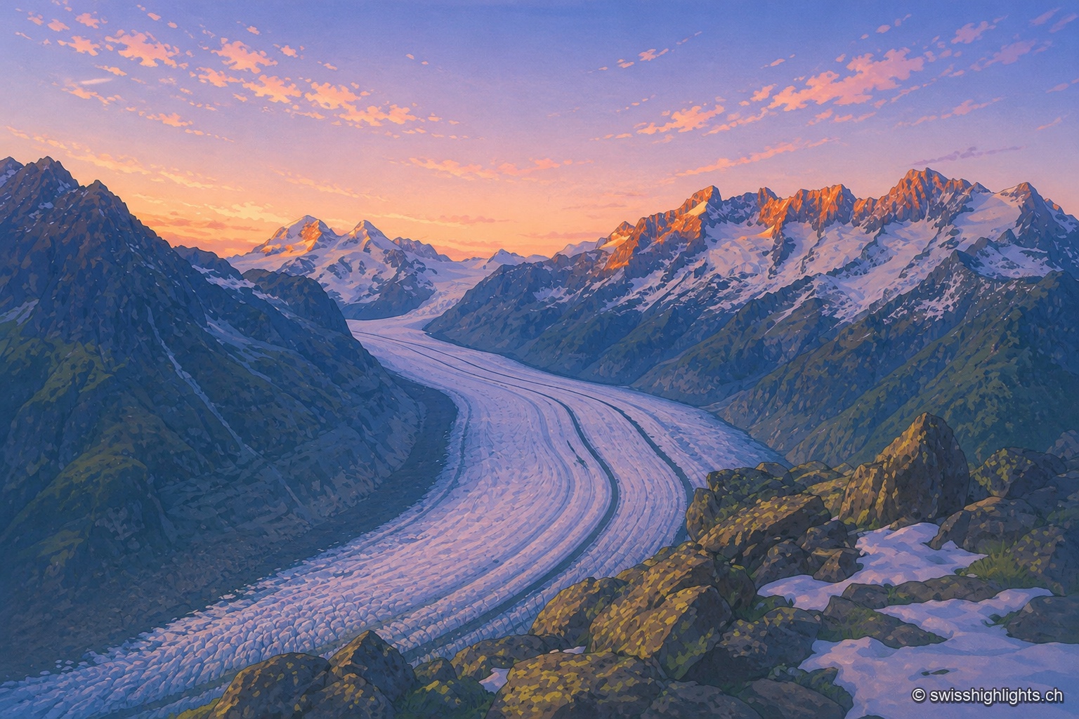 Vue du glacier d'Aletsch au crépuscule : le fleuve de glace serpente entre des sommets rocheux et enneigés baignés d'une lumière orangée d'alpenglow, sous un ciel dégradé du bleu lavande au rose pêche parsemé de petits nuages.