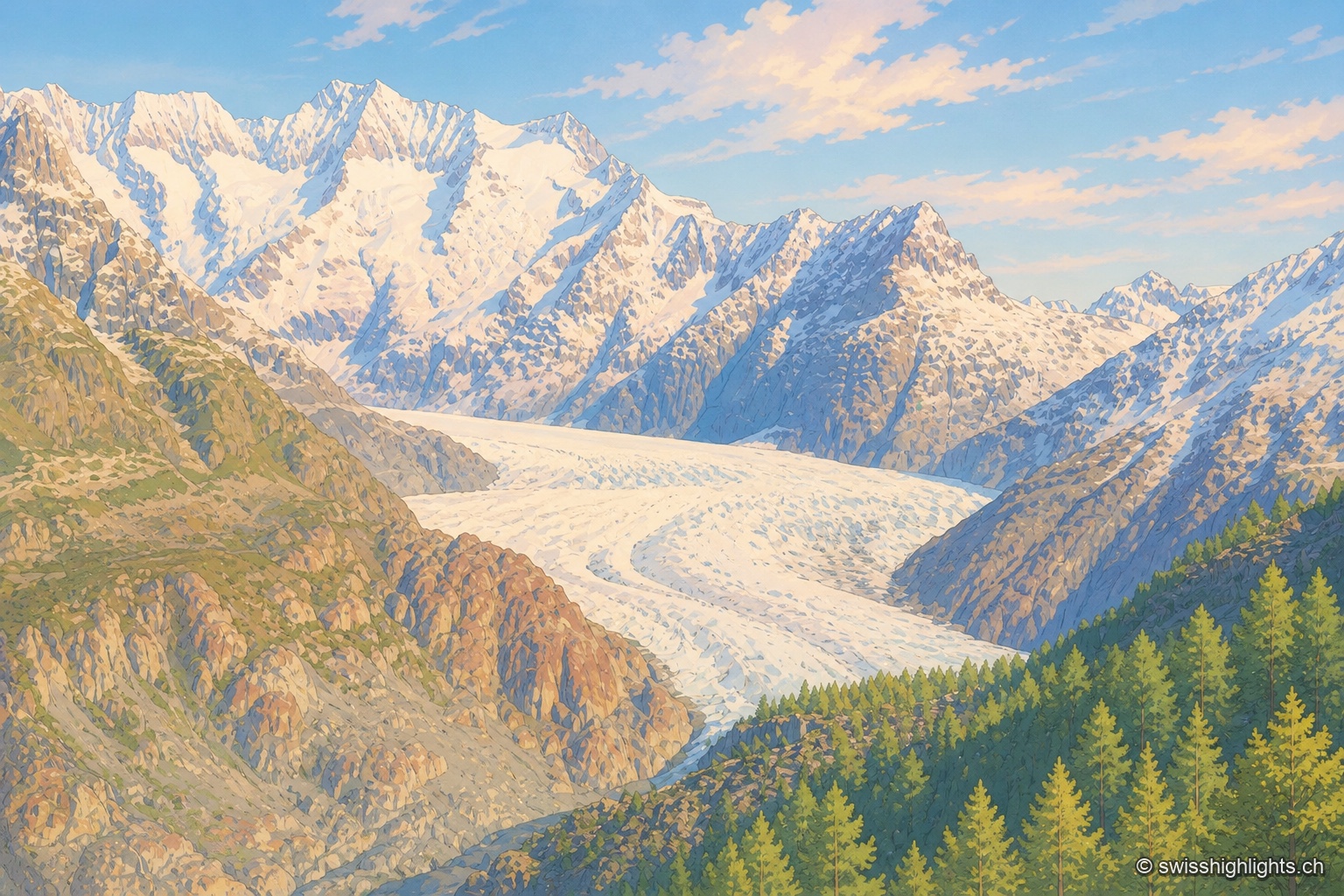 Vue plongeante sur la langue du glacier d'Aletsch encaissée entre de hautes parois rocheuses et une chaîne de sommets enneigés ; au premier plan, une pente boisée de mélèzes et de conifères descend vers les moraines rougeâtres qui bordent la glace, sous un ciel bleu clair.