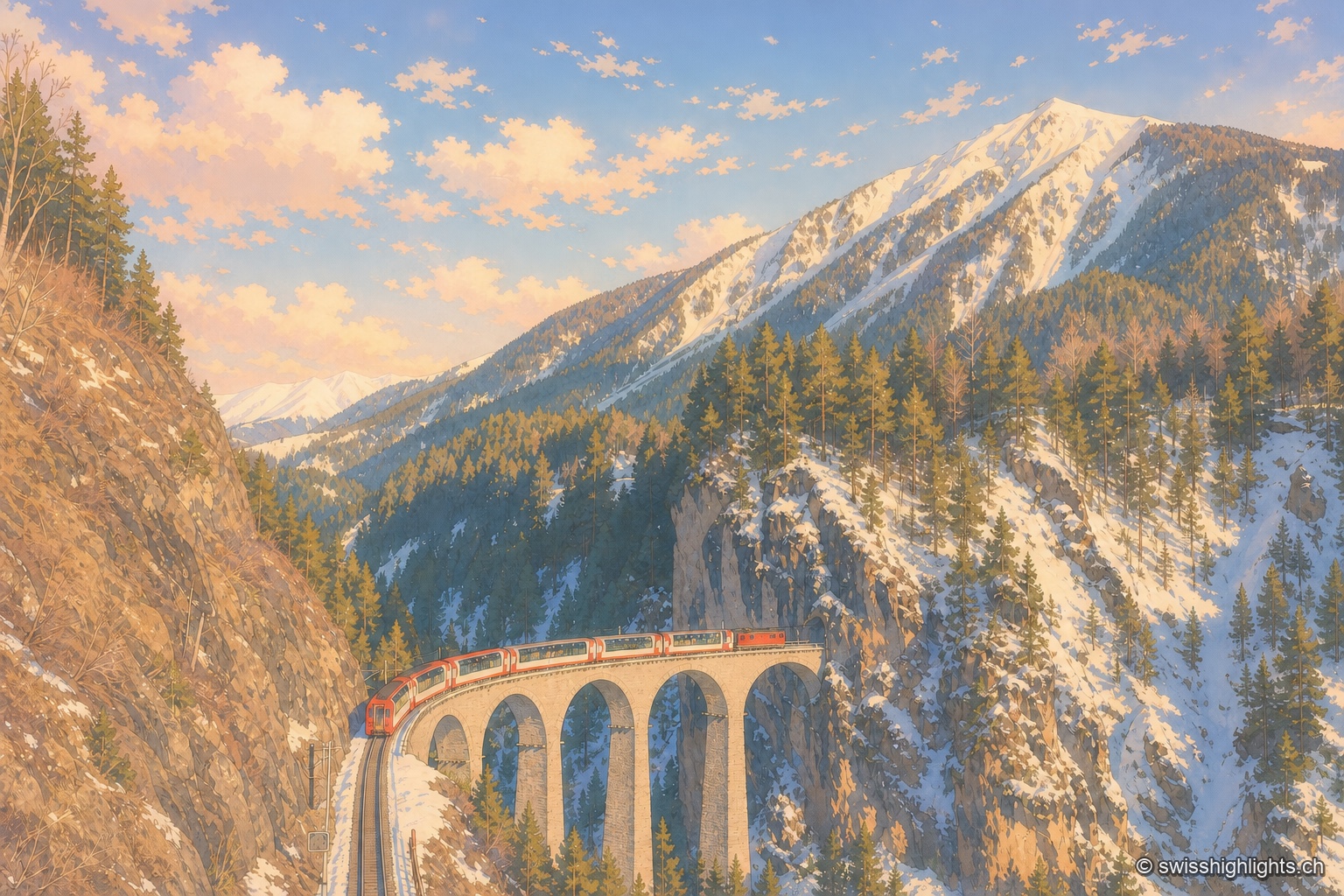 Une rame rouge et blanche du Glacier Express, voitures panoramiques largement vitrées, décrit une courbe sur les arches de pierre du viaduc de Landwasser et s'apprête à entrer droit dans le tunnel percé à même la paroi calcaire ; en face, un versant de conifères sombres descend jusqu'au fond du ravin, et la voie que le train vient de quitter se devine en contrebas à gauche.