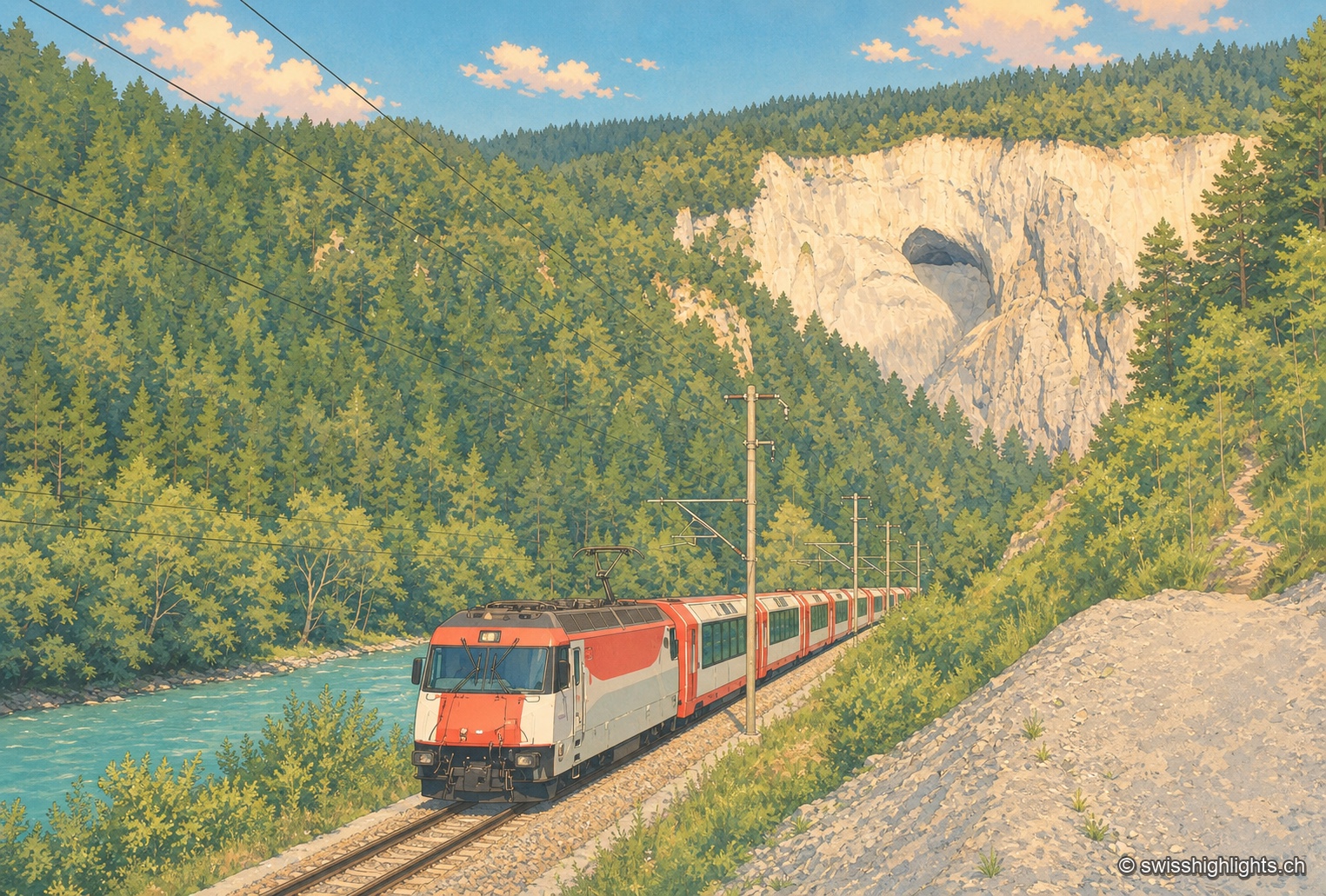 Une rame rouge et blanche du Glacier Express longe une rivière turquoise au pied d'une forêt de conifères, face à une paroi calcaire claire percée d'une grande cavité naturelle ; les fils de la caténaire courent au-dessus de la voie sous un ciel bleu à nuages épars.
