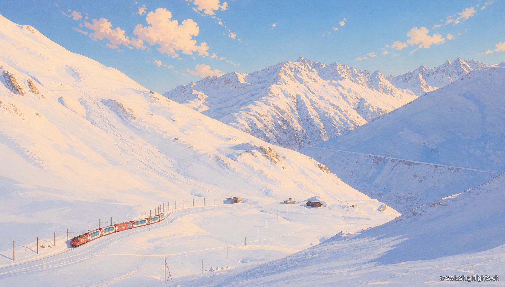Petite silhouette rouge du Glacier Express traversant un col enneigé, cerné de larges pentes immaculées aux ombres bleutées et dominé par une longue chaîne de sommets déchiquetés sous un ciel pâle de fin de journée.